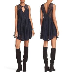Free People Don’t You Dare Midnight Blue & Black Eyelash Lace Mini Dress